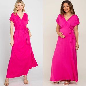 PinkBlush Fuschia Pink Wrap Dress, Maxi, Size Medium, Pockets, Maternity